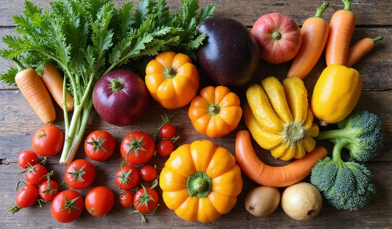 Frutta e verdura colorate su un tavolo di legno, rappresentando una nutrizione sana e ingredienti freschi