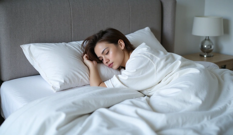 Persona che dorme serenamente in un letto pulito, simboleggiando un sonno riposante e un buon riposo
