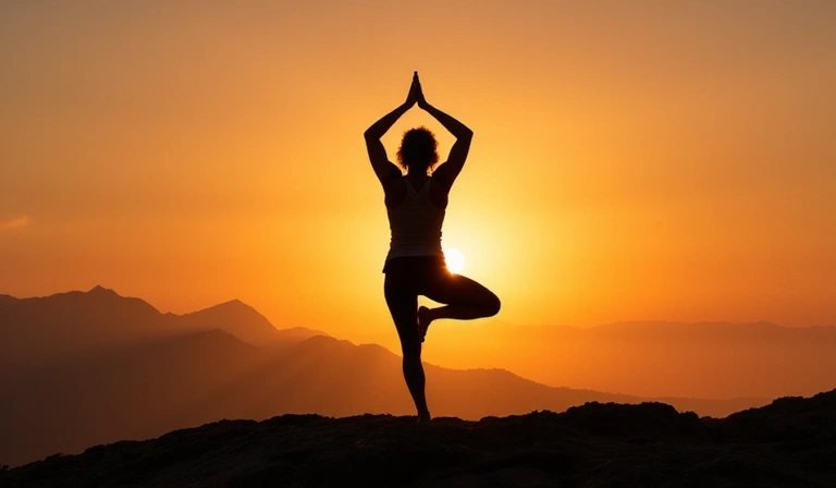 Persona che fa yoga al tramonto, simboleggiando equilibrio e pace interiore