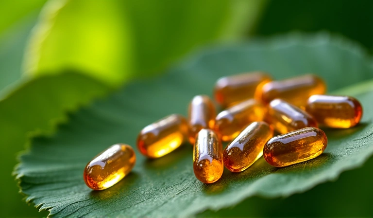 Pillole di integratori su una foglia verde, rappresentando la nutrizione naturale