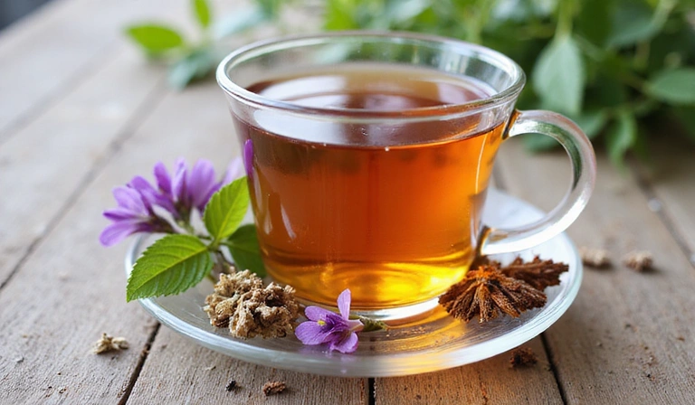 Tazza di tè alle erbe con fiori secchi, simboleggiando rimedi naturali e relax