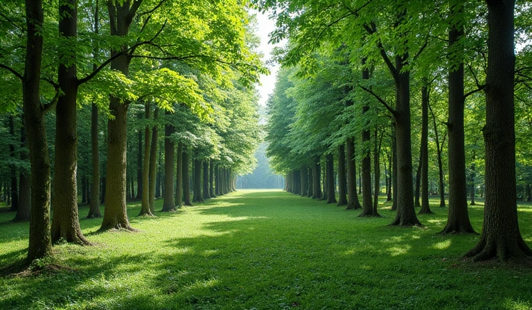 Una foresta lussureggiante con alberi alti, simboleggiante la natura e la vitalità
