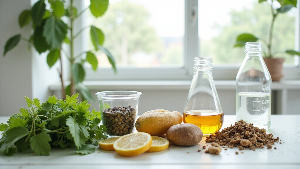 Immagine astratta di ingredienti naturali e un laboratorio moderno per la produzione di integratori.