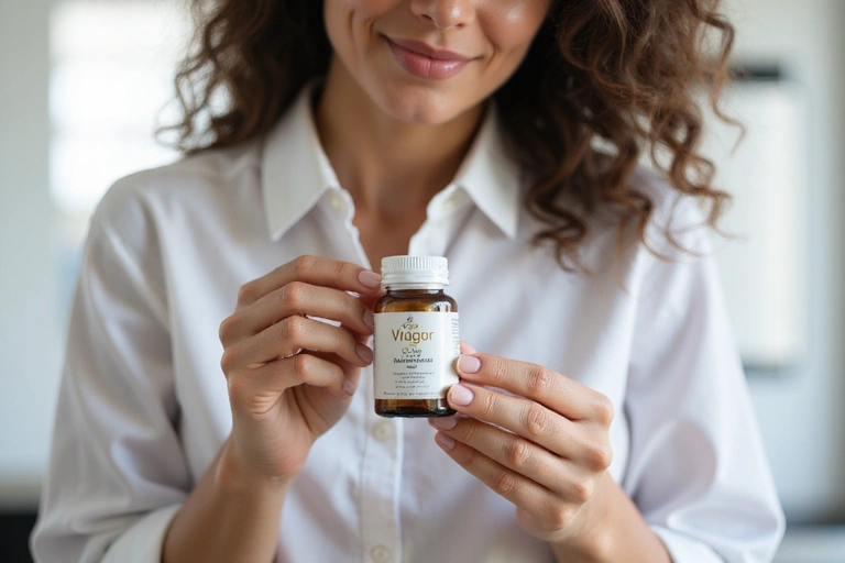 Donna che legge le istruzioni di un integratore HerboVigor