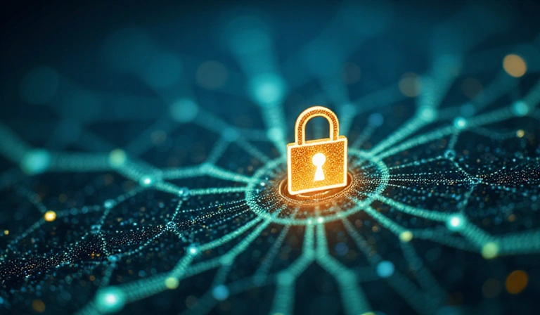 Digital privacy concept with padlock and data flow