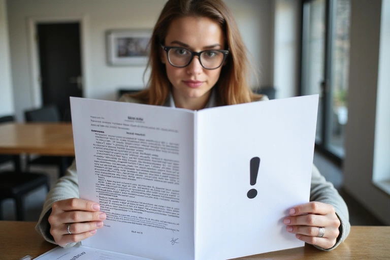 Donna che legge un documento legale con l'icona di un punto esclamativo